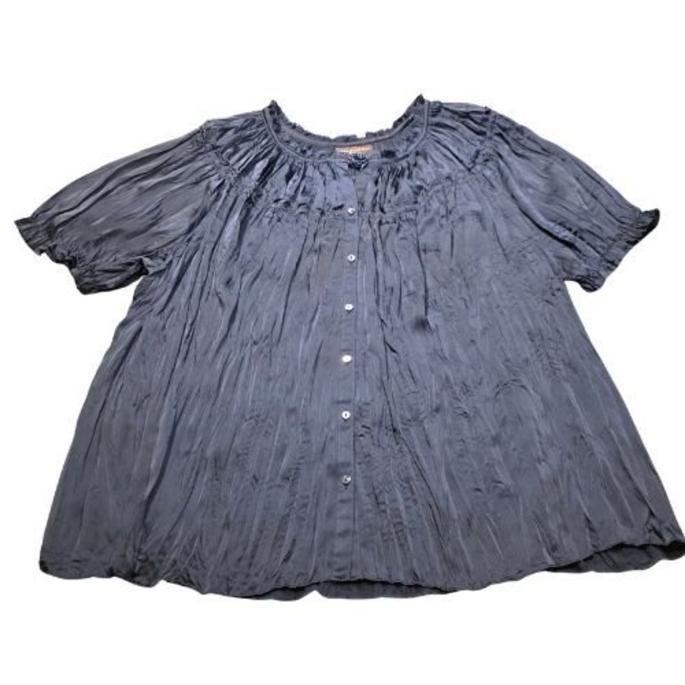 Dana Buchman Womens 3X Crinkle Button Down Ruffle Blouse Navy Blue Career Boho